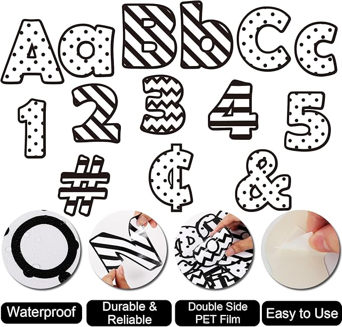 260 Pcs Black and White Bulletin Board Letters for Classroom 4” Letters Combo Pack Set Dots Stripe Classroom Decorations Alphabet Numbers Symbols Letters for Bulletin Board Classroom Decor