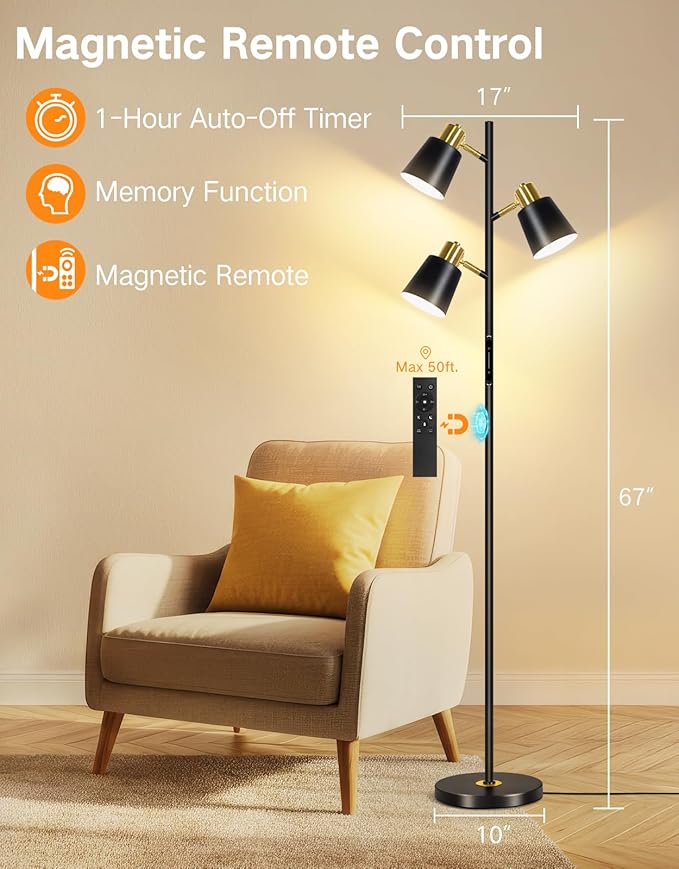 OUTON Tree Floor Lamp, LED Dimmable Floor Lamp with Remote and Touch Slide Control, 4 Color Temperatures, 3 Rotatable Lights, Modern Standing Lamp for Living Room Bedroom Office, Black Gold