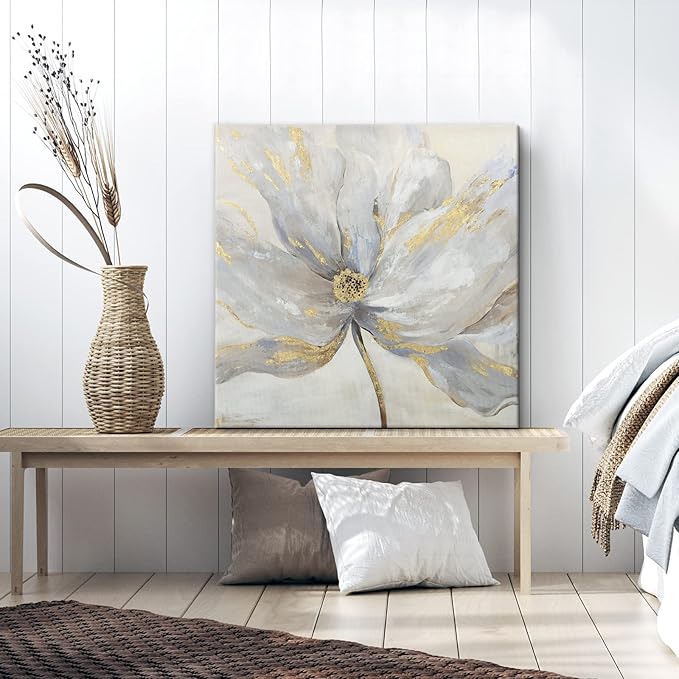Goldfoilart Floral Wall Art Gold Flower Canvas Pictures with Foil Embellishment Painting Grey Print Framed Artwork for Bedroom Bathroom Living Room Office Wall Decor 24" x 24"