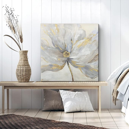 Goldfoilart Flower Canvas Wall Art Abstract Floral Picture with Gold Foil Embellishment Oil Painting Textured Print on Canvas Large for Bedroom Bathroom Living Room Home Decor 32" x 32"