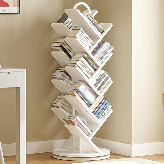 TVU 16-Tier Tree Rotating Bookshelf, 360 Degree Spinning Standing Bookcase for Magazines DVDs Books, Corner Bookcase for Living Room Bedroom Study, White