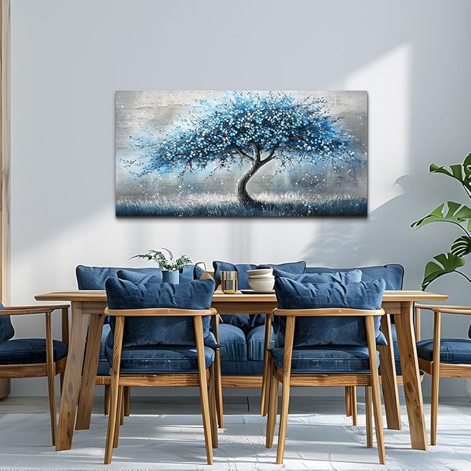 hyidecorart Large Panoramic Abstract Canvas Wall Art - Blue Tree of Life Pictures Painting, Modern Posters Artwork Ready to Hang, Wall Decor for Living Room Bedroom Office Home Decorations