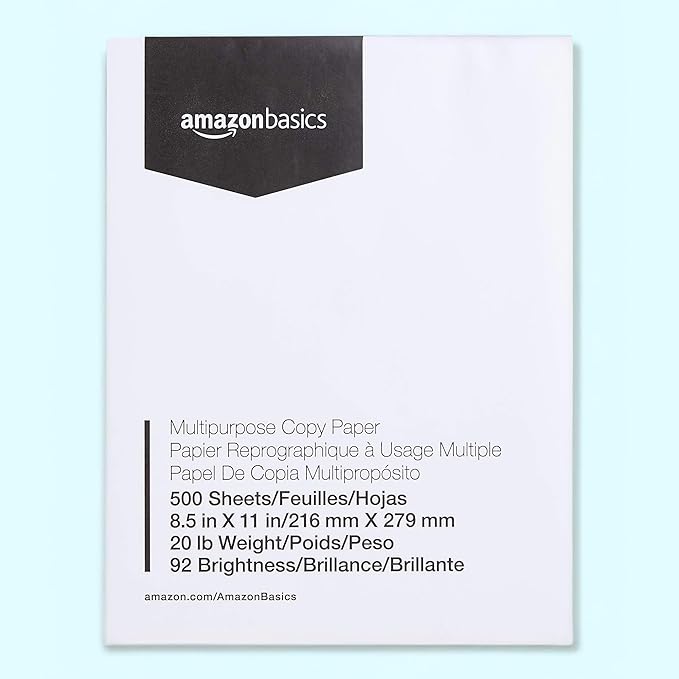 Amazon Basics Multipurpose Copy Printer Paper, 8.5 x 11 Inches, 20 lb, 92 Bright, White, 1 Ream (500 Sheets), Jam-Free