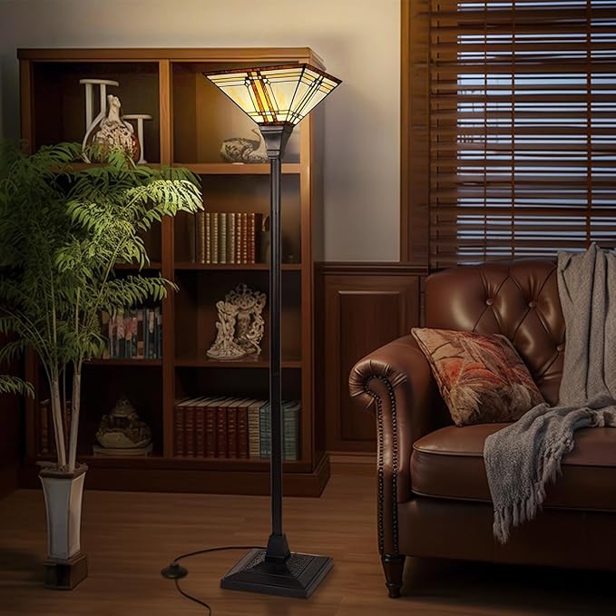 Capulina Tiffany Lamp Stained Glass Torchiere Floor Lamp 69 Inches Tall Industrial Pole Cream Color Mission Tiffany Style Standing Floor Lamp for Home Office Living Room Bedroom