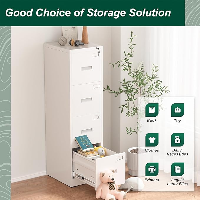 Superday 4 Drawer File Cabinets, 18” D Vertical File Cabinet with Lock, Locking Filing Cabinet for Home Office, White Metal Filing Cabinets for Hanging Letter/Legal Folders, Easy Assemble
