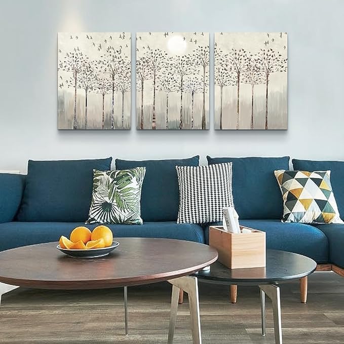 Lapremoly Wall Decorations for Living Room - Canvas Art for Bedroom Office - Trees and Birds Abstract Paintings View Prints - Modern Room Home Decor 3 Piece