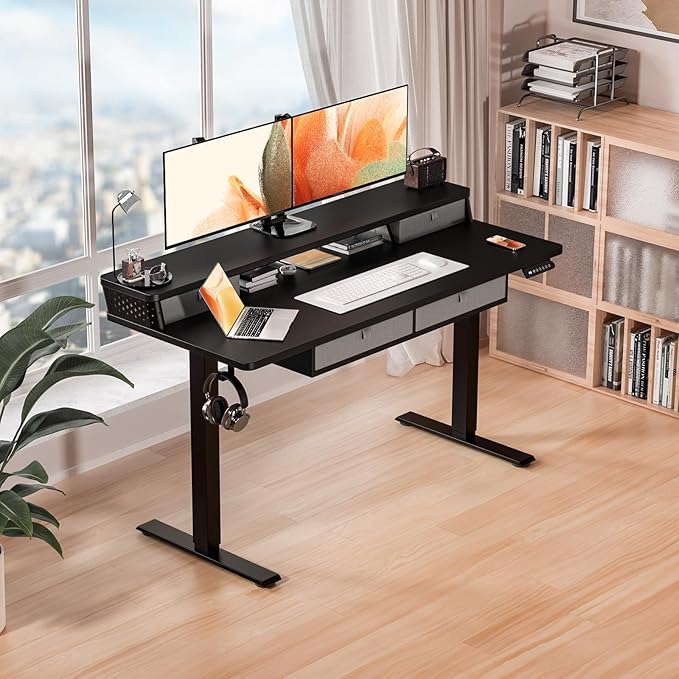 Kingant 55 x 24 Inch Electric Standing Desk with 4 Drawers, Height Adjustable Sit to Stand Computer Desk with Storage Shelf and C-Clamp Mount Compatibility for Home Office, Black