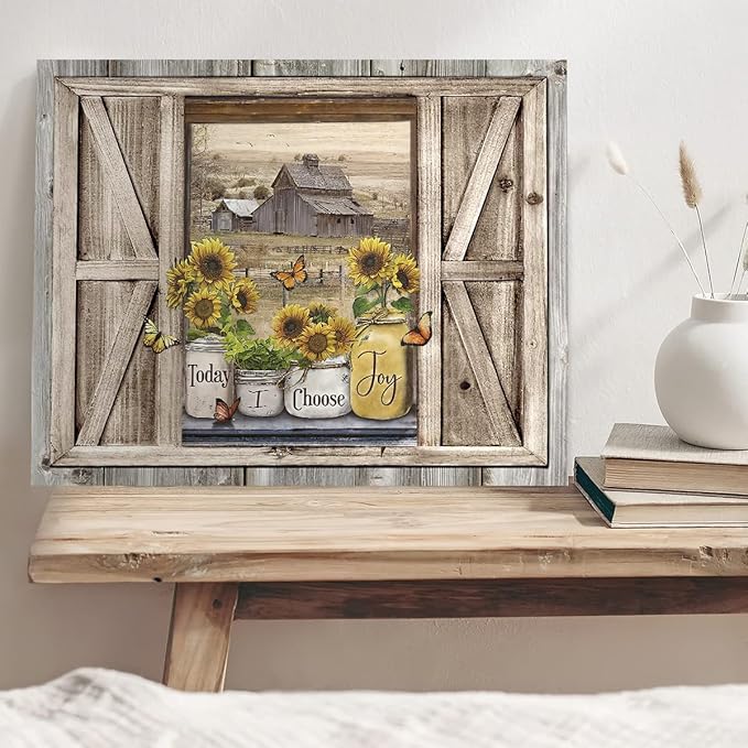 Parylore Sunflower Wall Art Canvas Print Rustic Wall Decor Faux Barn Doors Sunflower Jars On Barn Painting Picture Framed Modern Farmhouse Artwork for Living Room Bathroom Office Home Decor 16x20 In