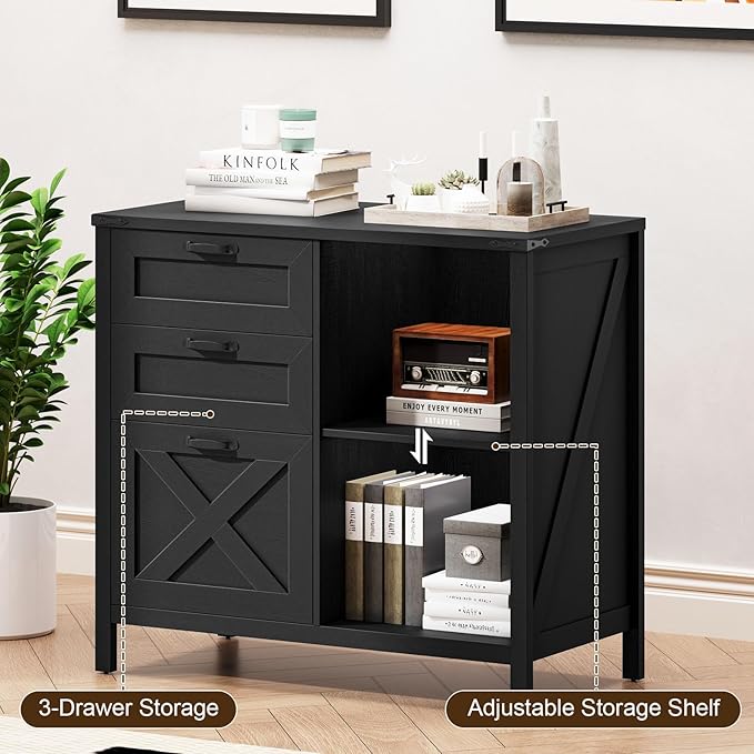 Farmhouse Lateral Filing Cabinet with 3 Drawers and Open Shelf, Lateral File Cabinet with with File Drawer for Letter/A4 Hanging File, Large Printer Stand for Home Office, Living Room, Rustic Black