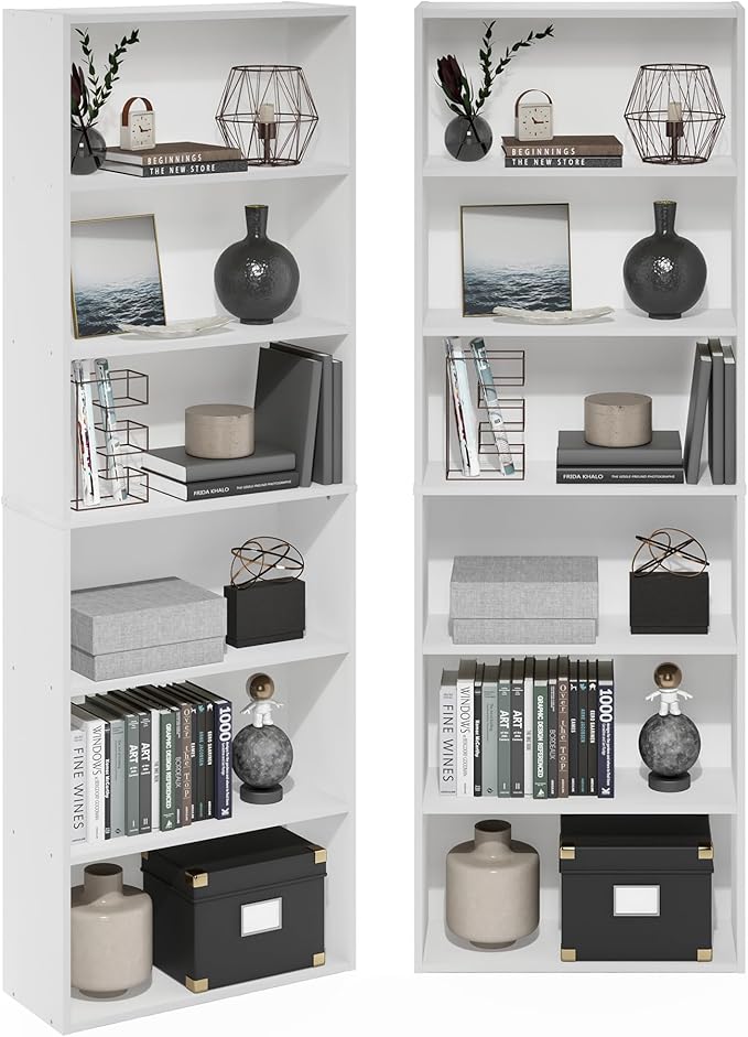 Furinno Jaya Book Shelf Set of 2, 6-Tier Bookshelf, Bookcase, 9.5 x 24.6 x 71, for Home Office, Living Room, White