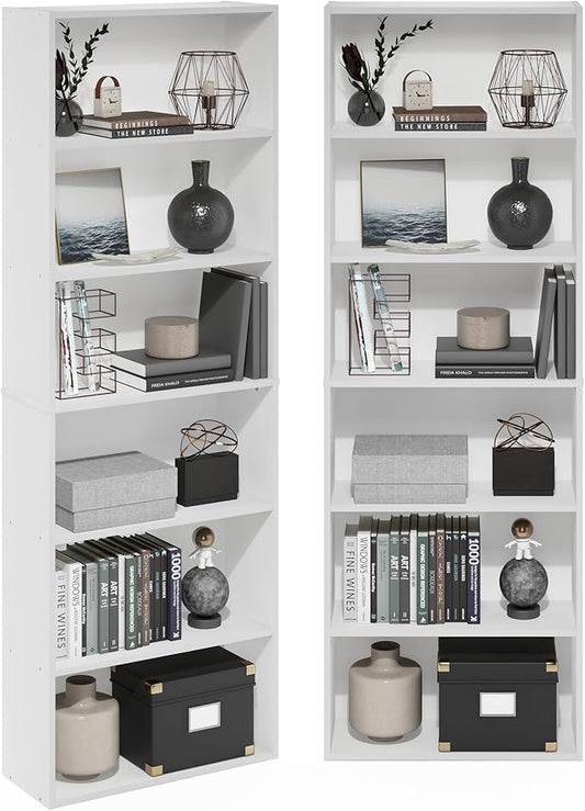 Furinno Jaya Book Shelf Set of 2, 6-Tier Bookshelf, Bookcase, 9.5 x 24.6 x 71, for Home Office, Living Room, White