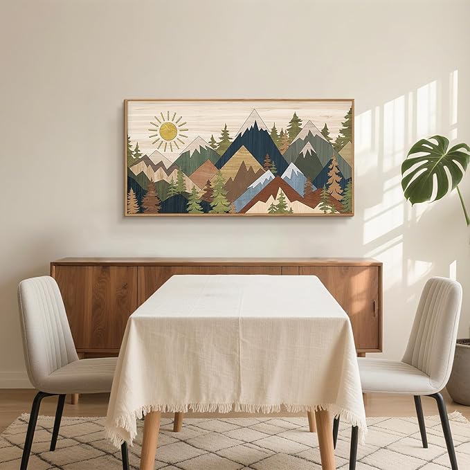 Large Abstract Mountain Woodcut Framed Canvas Wall Art,Vintage Pine Tree Wall Decor,Rustic Nature Forest Painting,Neutral Artwork for Living Room,Bedroom,Dining Room,Farmhouse - 20"x40"x1