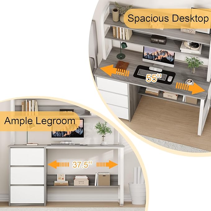 Computer Desk with 3 Drawers, 55 Inch Desk with Hutch for Small Spaces, Study Writing Desk with Shelves for Bedrrom, Adjustable Feet, Grey