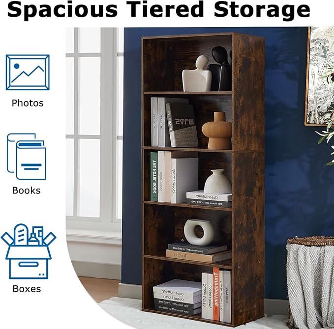 Bookshelves and Bookcases,5-Tier Open Storage Shelf, Floor Standing Display Storage Shelves for Home Office, Living Room, Bedroom, Brown