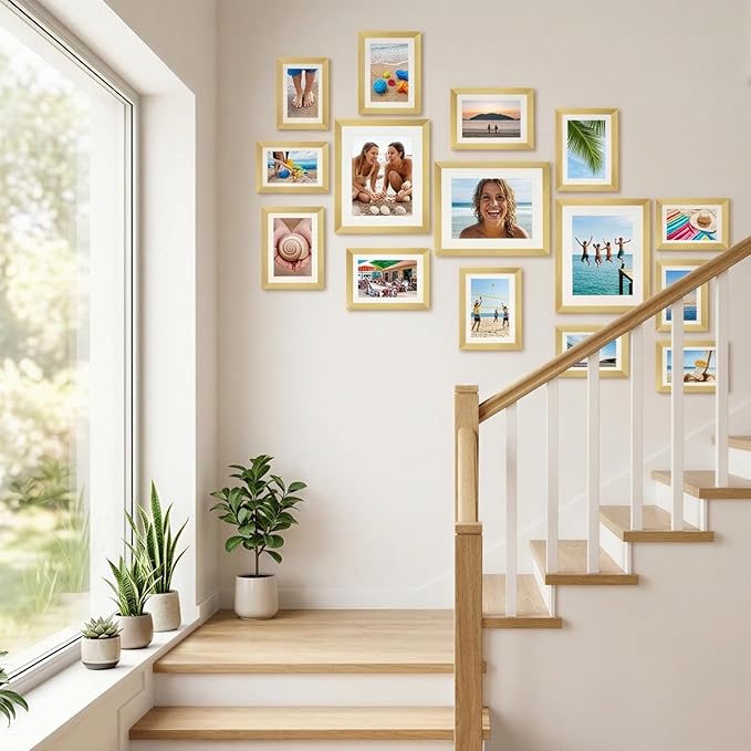 Fixwal Picture Frames Set, Gallery Wall Frame Set Picture Frames Collage 15 Pack for Wall or Tabletop with 8x10 5x7 4x6 Frames, Gold