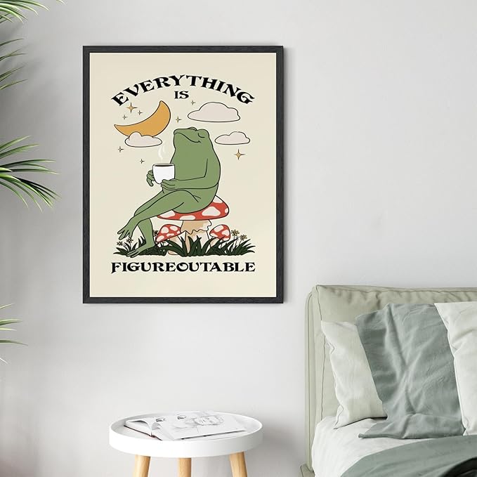 Everything Is Figureoutable Motivational Wall Art Funny Frog Coffee Inspirational Poster Positive Quote Daily Reminder Canvas Print Affirmation Wall Decor for Home Office 24x36inch Black Framed