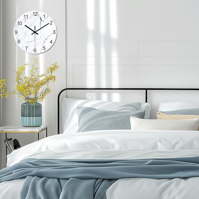 White Marble Glass Wall Clocks Battery Operated 12 Inch Abstract Decorative Analog Wall Clocks for Living Room Bedroom Office Silent Wall Clock Modern