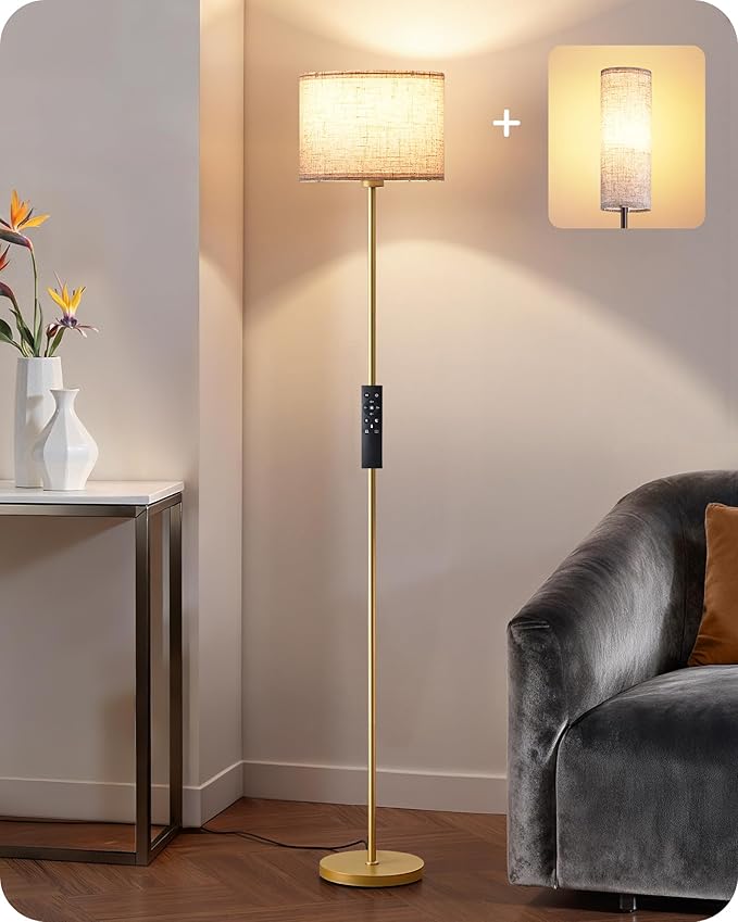 EDISHINE Modern Floor Lamp with 2 Shades, Adjustable Brightness & Color Temperature, Remote Control, Minimalist Standing Lamp, E26, A19 Bulb Included, Dimmable for Living Room, Bedroom, Gold