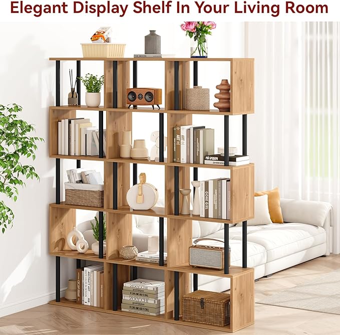 IBUYKE 6-Tier Tall Bookshelf,S-Shaped Geometric Bookcase, Wood Display Shelves with Storage,Modern Bookshelf for Living Room Bedroom, Home Office,Oak WBC016K