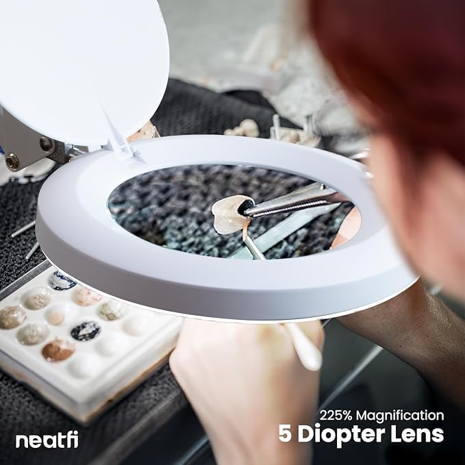 (New Model) Neatfi LED Magnifying Lamp with Clamp | 2.25x Magnification | 120 SMD LEDs | 1,200 Lumens | 12W | Adjustable Color Temperature Desk Lamp Magnifier (White, 5-Inch Lens, 5 Diopter)