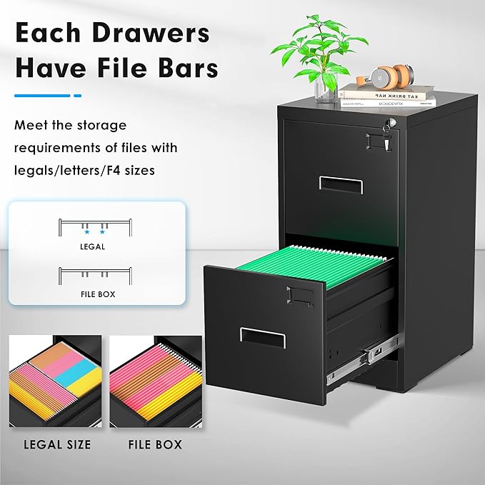 Pataku 2 Drawer File Cabinet with Lock, Sturdy Metal Vertical Filing Cabinets for Home Office, Under Desk Paperwork Storage Fully Extendable Slides Letter Legal A4 Size 18x15x28 Inches, Black