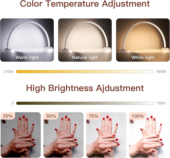 BZJ 24-Inch Half Moon Nail Light for Desk Portable Nail Art Table Lamp with Adjustable Brightness and Color Temperature for Beauty Eyelash Extensions Tattoo Crafts (2 Paks)