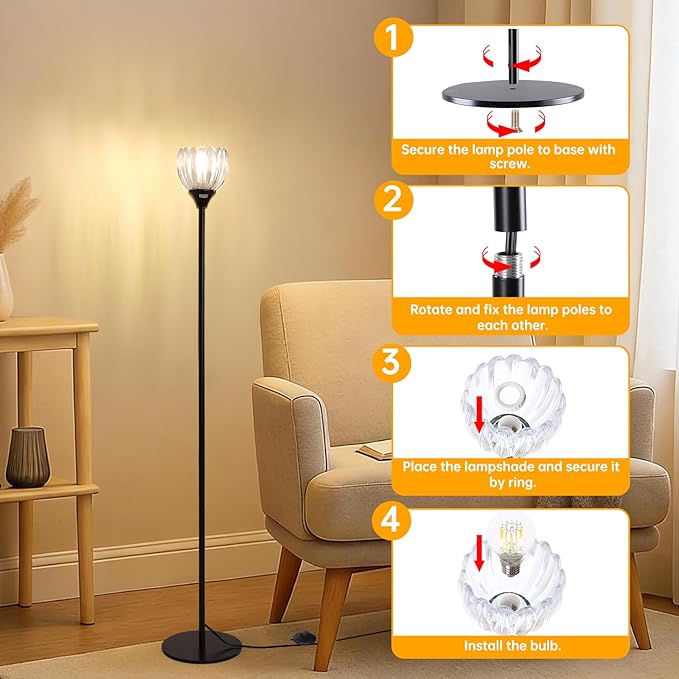 Floor Lamps for Living Room, Bedroom, Black Standing Lamp with 12W Bulb, Vintage Floor Lamp for Reading, Nursery, Corner (Clear Tulip)