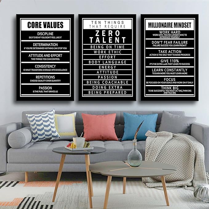 3 Pieces Inspirational Quotes Motivational Canvas Wall Art Picture Painting Ten Things That Require Zero Talent and Core Values Poster Print for Living Room Office Artwork Ready to Hang [72''Wx36''H]