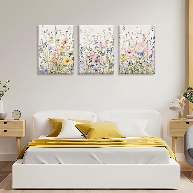 Bwodke Wildflower Wall Art Watercolor Botanical Floral Colorful Canvas Prints Set of 3 Modern Minimalist Flower Pictures Decor Painting Bedroom Bathroom Living Room Nursery 16"x24"