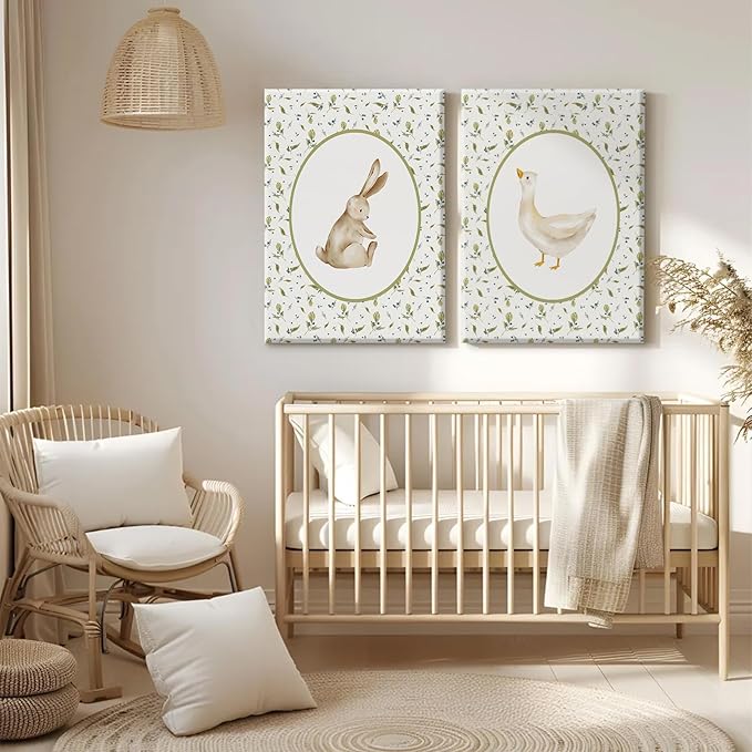 Vintage Nursery Wall Art Cute Goose Canvas Poster Bunny Wall Decor Baby Kids Poster Rabbit Duck Prints Cute Animal Pictures Pale Green Painting Artwork for Gallery Bedroom 16x24x2 Inch Ready to Hang