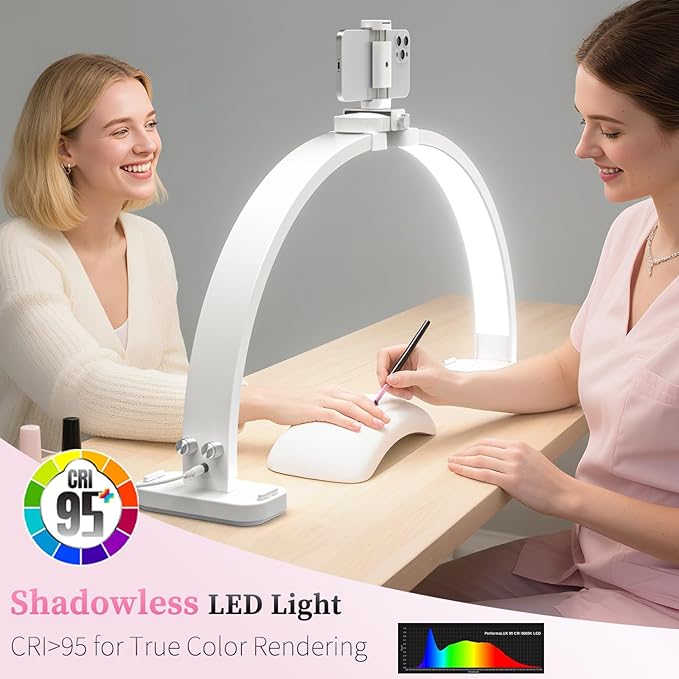 Foldable Half Moon Light for Nail Desk, 31in 45W Nail Desk Lamp with Phone Holder, Half Moon Table Lamp with Stepless Color Temperature Dimmable for Manicure (White)
