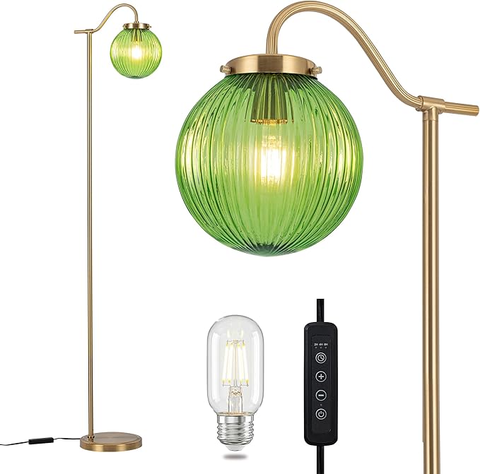MAYNA Globe Floor Lamp, Emerald Green Round Glass Standing Lamp with Built-in Timer Switch, Gold Tall Vintage Lamps for Living Room Bedroom, 2700K LED Bulb Included
