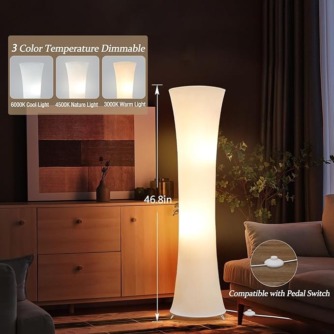 GyroVu 46“ Floor Lamp for Living Room, Color Temperature Adjustable Led Floor Lamps Column Floor Standing Lamp Corner Lamp for Bedroom, Office& Living Room-White Fabric Lampshade, Bulbs Include