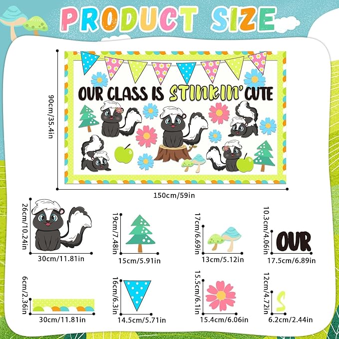 Skunk Bulletin Board Set Animal Themed Classroom Welcome Bulletin Board Decorations Woodland Forest Flower Cutouts Classroom Decoration for Back to School Office Home Chalkboard Decor Wall Door
