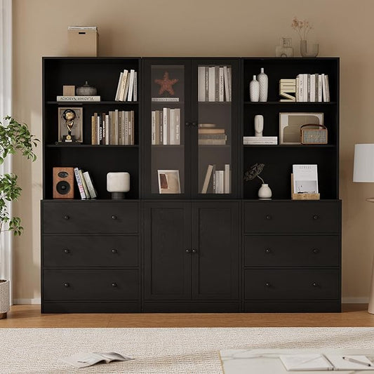 TUSY 71" H Bookshelf with Storage, 6-Tier Modern Bookshelves with 3 Large Drawer, Display Bookcase with Glass Doors, Modern 5-Tier Curio Cabinet for Home Office, Dining Room (Black, BAB)