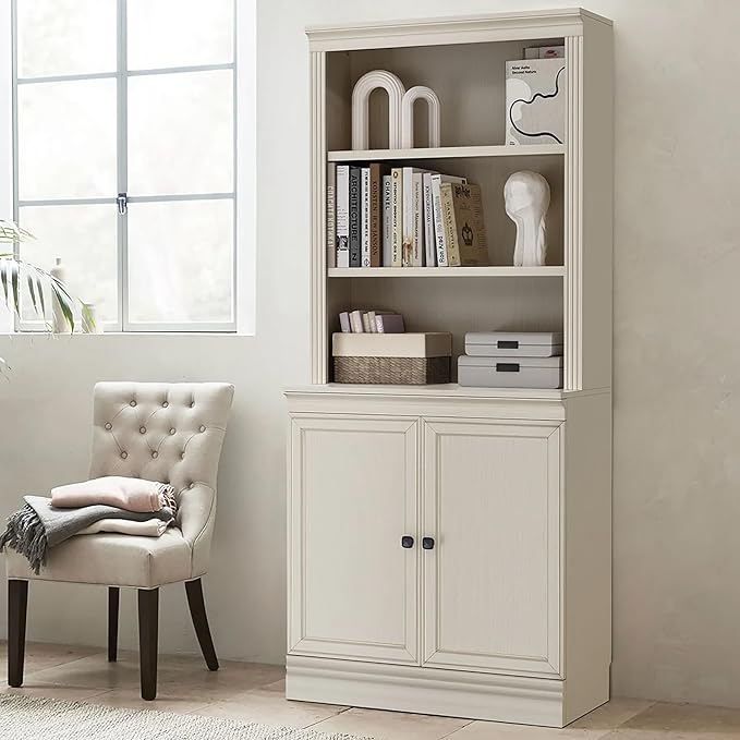 JAHRSTIM Halston Multi-Depth Bookcase, Adjustable Storage Shelving Unit with Doors for Home and Office Space, 31.5”L x 15.75”W x 72.8”H, Cream