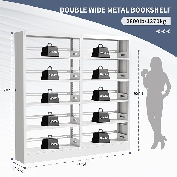 70.9" H Metal Bookshelf, Adjustable Bookcase, 5-Tier Heavy Duty Bookshelf with Bookend, Tall Bookshelves, Bookcase Shelf for Living Room, Office, Library,Classroom (White-72.8W)