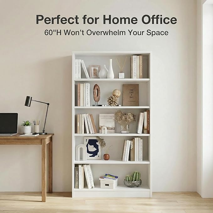 5 Tier Wooden Bookshelf, 60" H Tall Book Shelf with Adjustable Shelves, 33" Wide Bookshelf for Home Office, Living Room