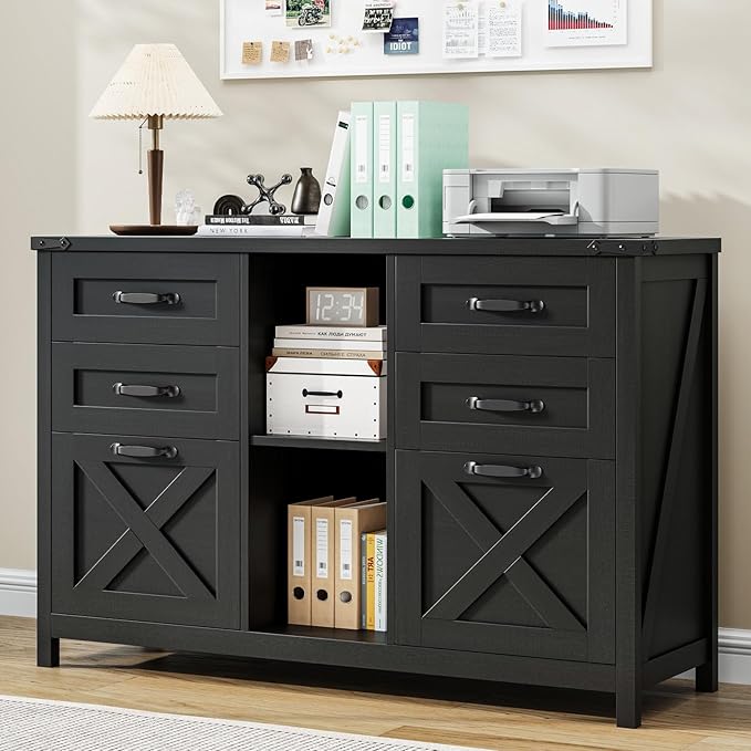 Farmhouse Lateral Filing Cabinet, Lateral File Cabinet with 6 Drawers and Adjustable Shelf, Large Printer Stand with 2 File Drawers for Letter/A4 Size Hanging Files for Home Office, Rustic Black