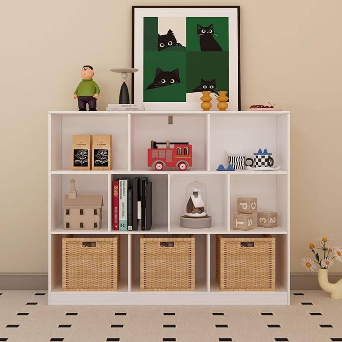 10-Cube Wooden Bookshelf with Base,3-Tier Freestanding Open Storage Organizer,Multi-Functional Bookcase for Living Room,Bedroom,Study and Office