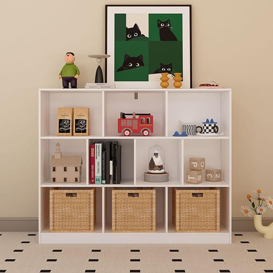 10-Cube Wooden Bookshelf with Base,3-Tier Freestanding Open Storage Organizer,Multi-Functional Bookcase for Living Room,Bedroom,Study and Office