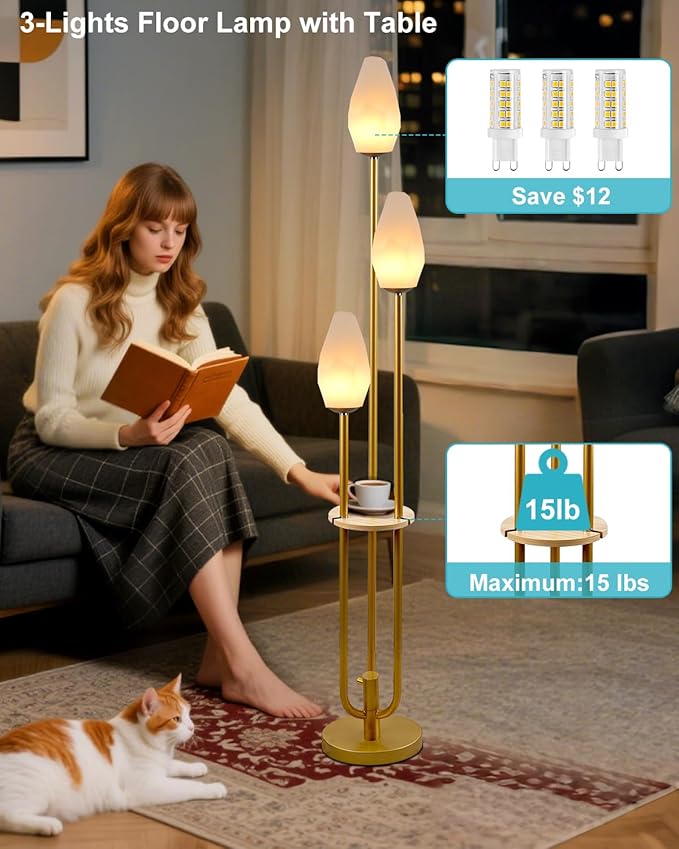 Gold Floor Lamp with Tray, 3-Lights Dimmable Floor Lamps with Rock-Shaped Shade, Unique Candle Holder Style Modern Tall Standing Lamp for Living Room/Party(Bulbs Included)
