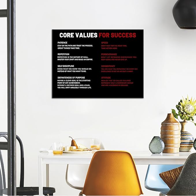 Core Values for Success Inspirational Wall Art Entrepreneur Quotes Motivational Poster Print White and Red Positive Painting Artwork Framed for Home Living Room Office Wall Decor [24''Wx18''H]