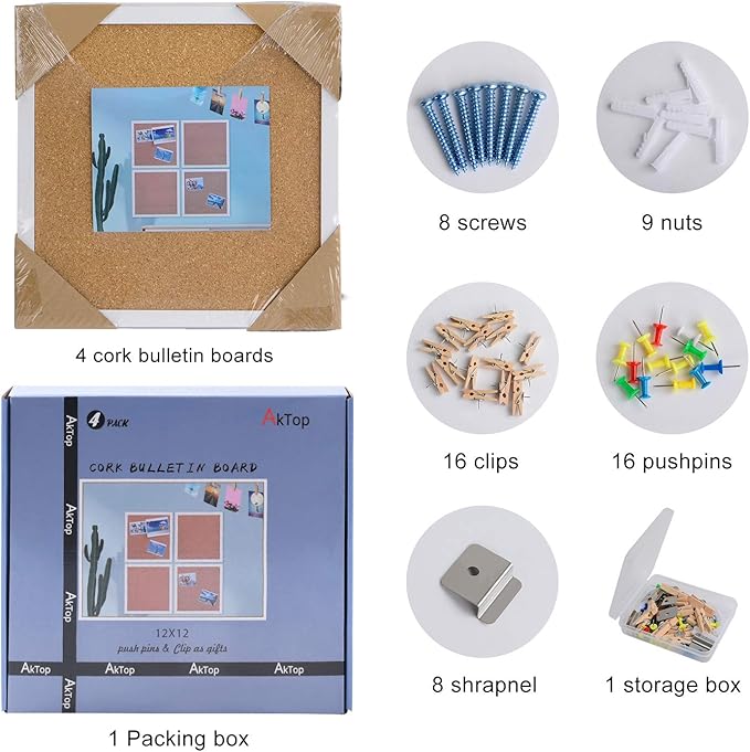 AkTop Cork Board Bulletin Board 12x12, White Framed Corkboard 4 Pack, Small Square Pin Board for Wall, Mini Thick Cork Tiles with 16 Push Pin Wood Clips for School, Home & Office