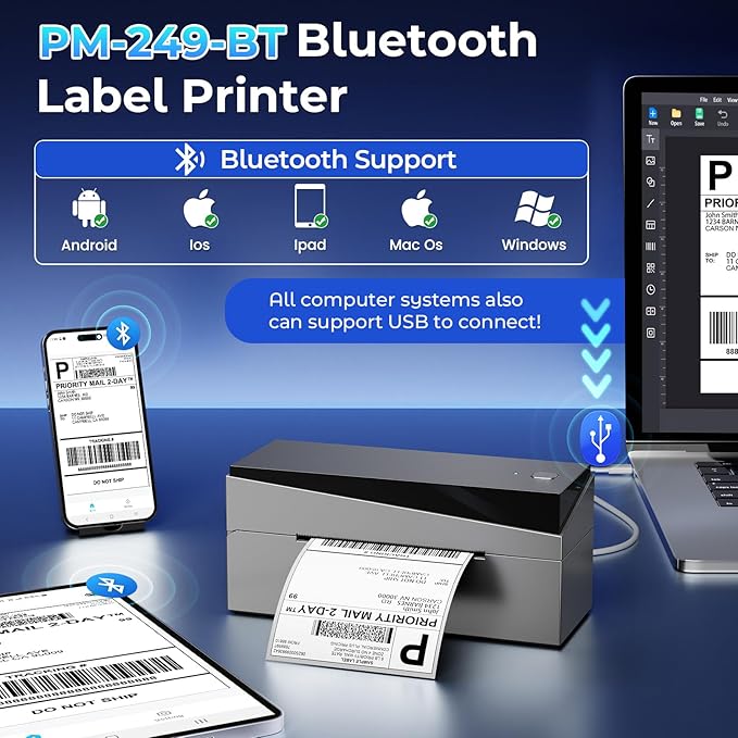 249BT Thermal Label Printer 4x6&500Pcs 4x6 Thermal Shipping Label(2 Rolls of 250 4x6 Roll Labels),Shipping Label Printer for Small Business, Shipping Packages, Office, Home, Compatible with PC&Phone
