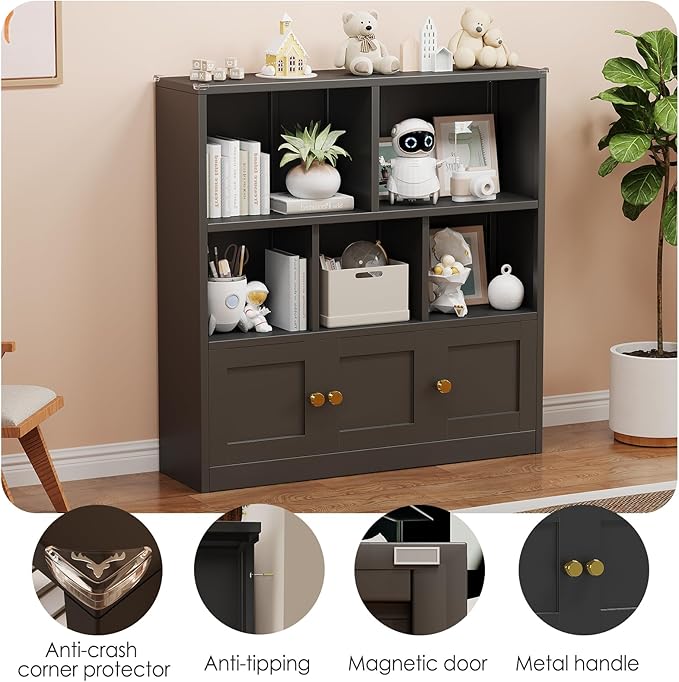 Kids Bookshelf and Toy Storage Organizer with 3 Cabinet and 5 Open Cubbies，Kids Toys Storage Organizer Shelf with Corner Guard，Multifunctional Floor Chest for Playroom and Kid's Room（Black）