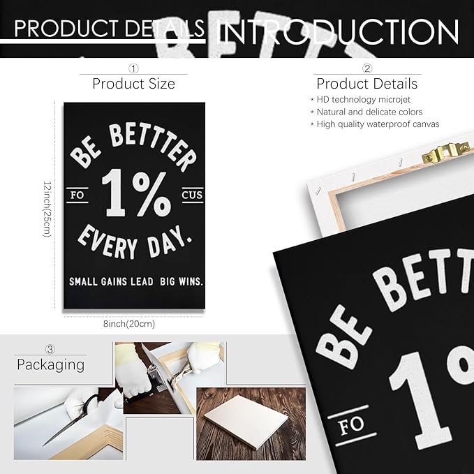 Inspirational Motivation 1% Better Every Day Canvas Poster Entrepreneur Success Life Saying Wall Art Hustle Inspiring Sign Prints Painting For Home Office Wall Decor 8x12in Framed