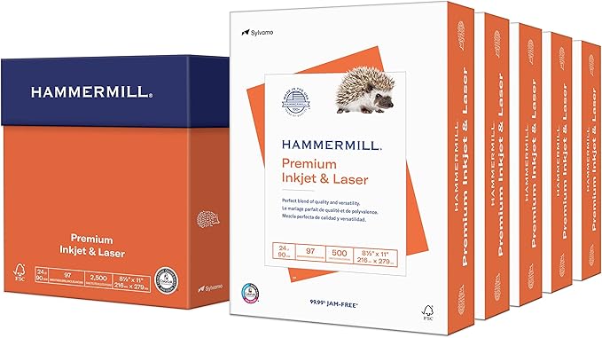 Hammermill Printer Paper, Premium Inkjet & Laser Paper 24 Lb, 8.5 x 11-5 Ream (2,500 Sheets) - 97 Bright, Made in the USA, 166140C