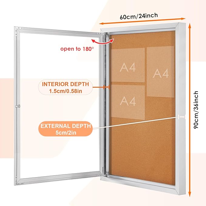 Outdoor Bulletin Board Weatherproof 36x24 in, Enclosed Bulletin Board with Locking Door, Wall Display Case for Office School Home Commercial, Silver Aluminum Frame, Cork