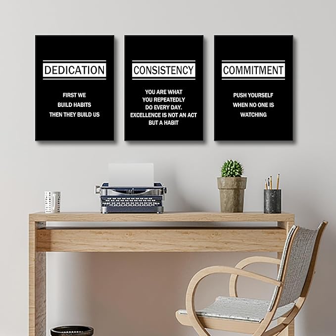 Dedication Consistency Commitment Motivational Canvas Wall Art Office Decor 3 Pieces Inspirational Quotes Posters Print Artwork for Bedroom Home Bathroom Wall Picture Ready to Hang [36''W x 16''H]